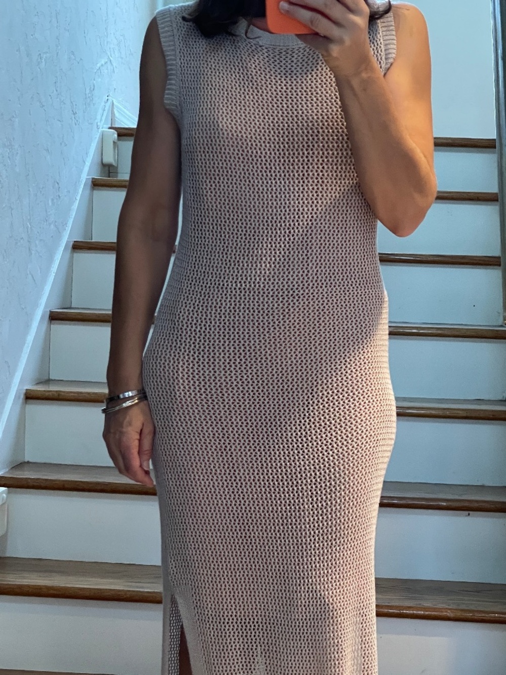 Tahari beige metallic crochet knit long cover up dress women S
